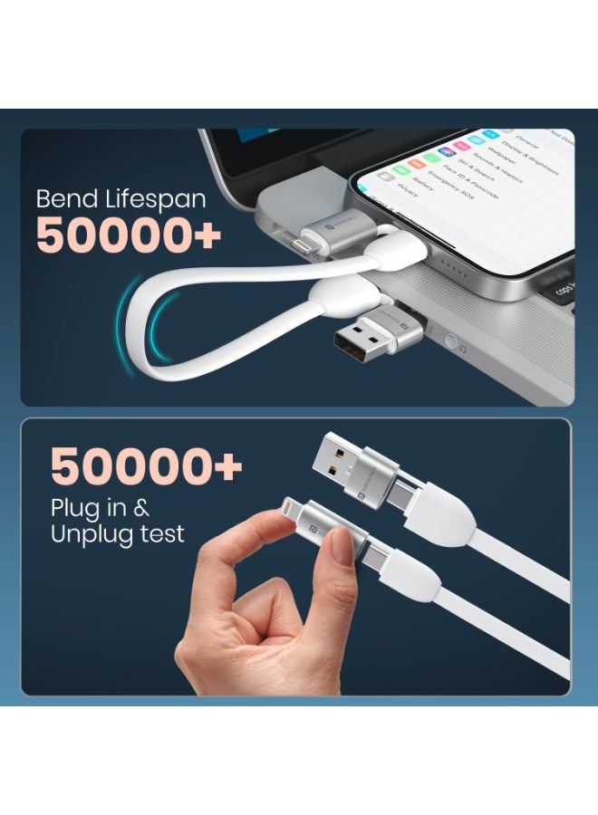 بورترونيكس Portronics Keylink 4 in 1 Multifunctional Fast Charging Cable With In Built KeyChain, 25cm Length, Tangle Free Flat Cable, Type C to Type C/Lightening, USB A, Fast Data Sync (White) - Image 5